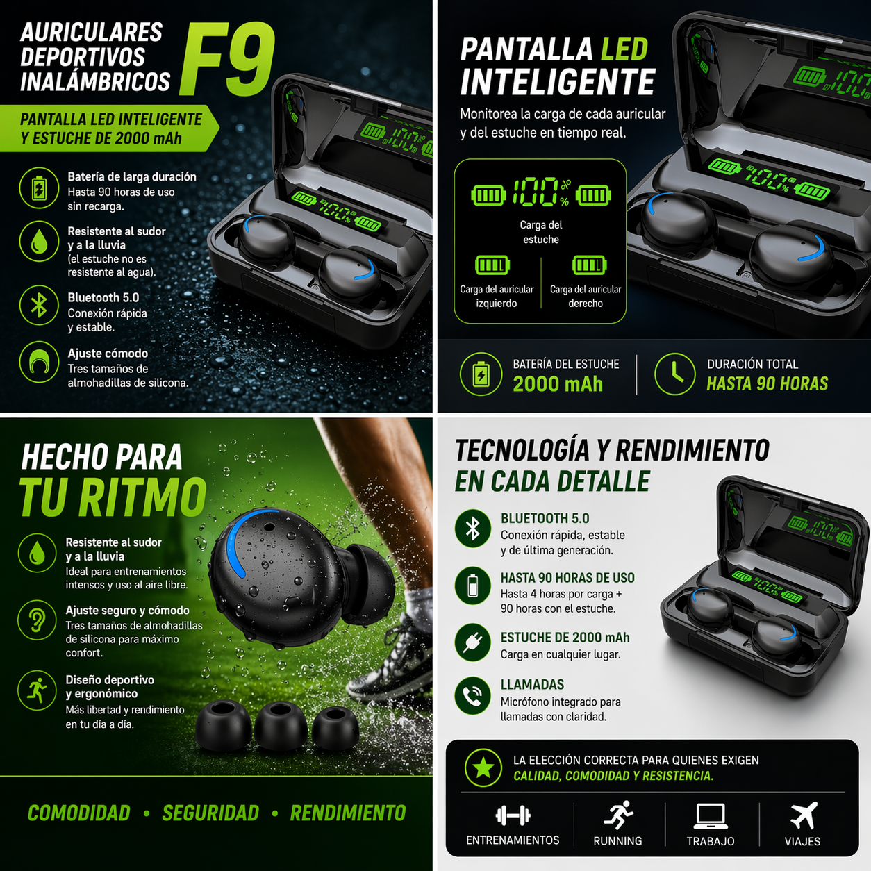 Auriculares deportivos inalámbricos F9 con pantalla LED y estuche de carga de 2000 mAh