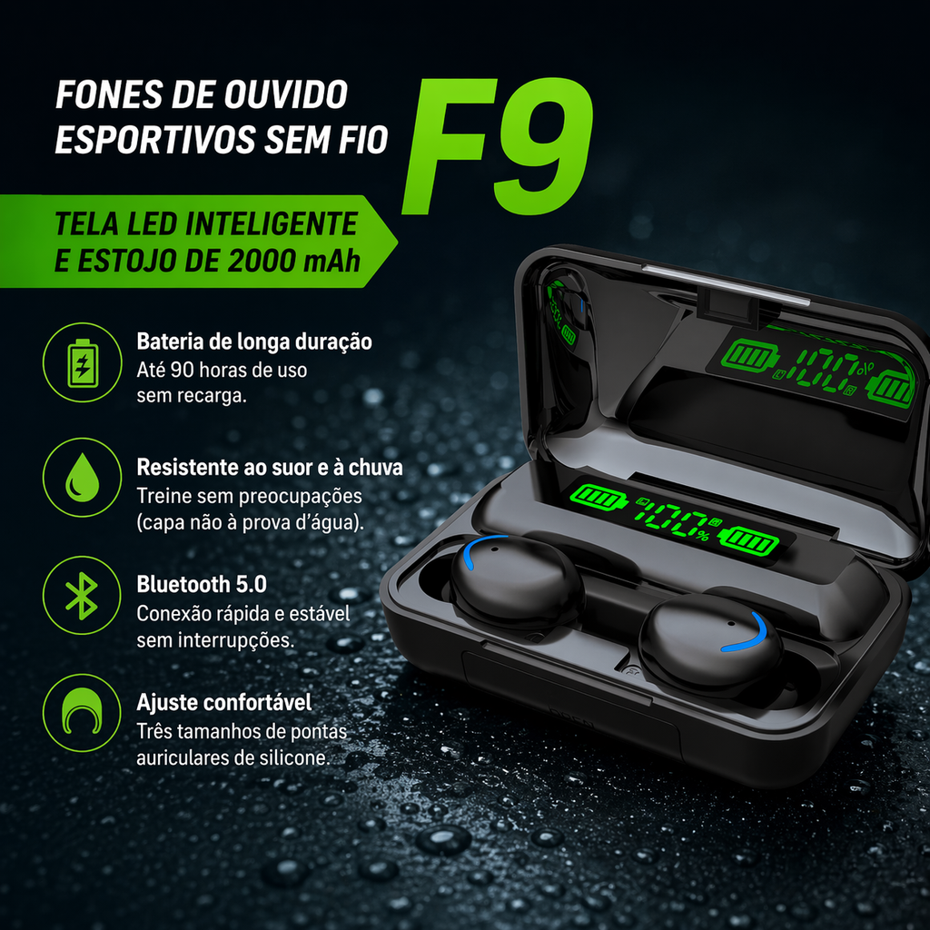 Auriculares deportivos inalámbricos F9 con pantalla LED y estuche de carga de 2000 mAh